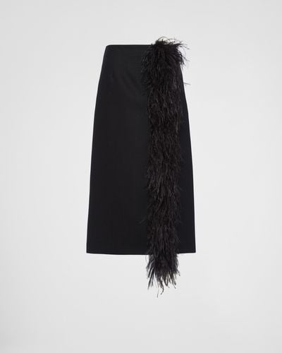 Prada Feather-Trimmed Wool Midi Skirt - Black