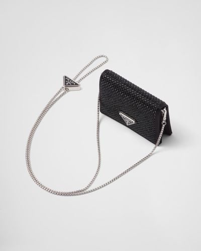 Prada Cardholder With Shoulder Strap And Crystals - Black