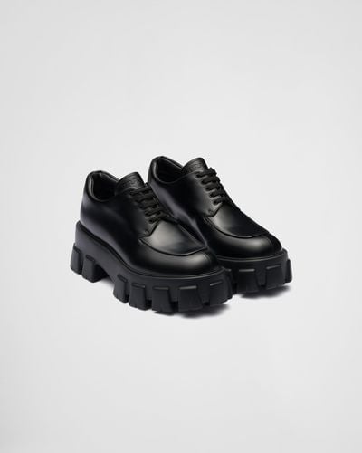 Prada Monolith Brushed Leather Lace-up Shoes - Black
