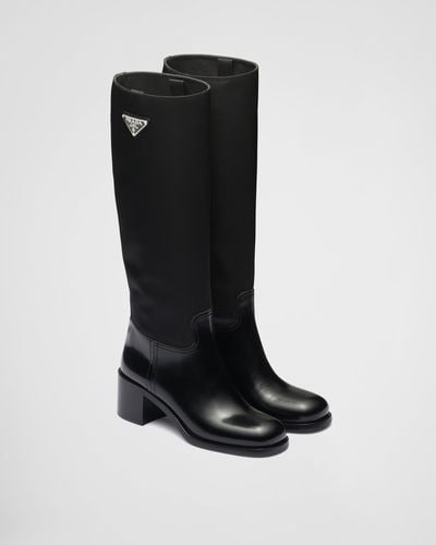 Prada Brushed Leather And Re-Nylon Boots - Black