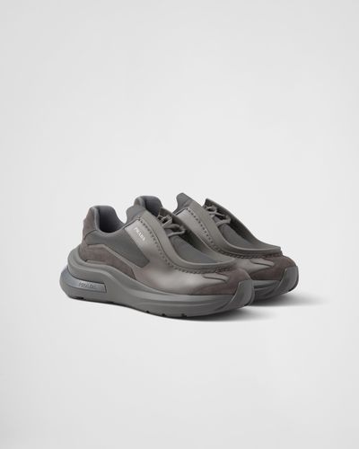 Prada Systeme Brushed Leather Trainers With Bike Fabric And Suede Elements - Grey