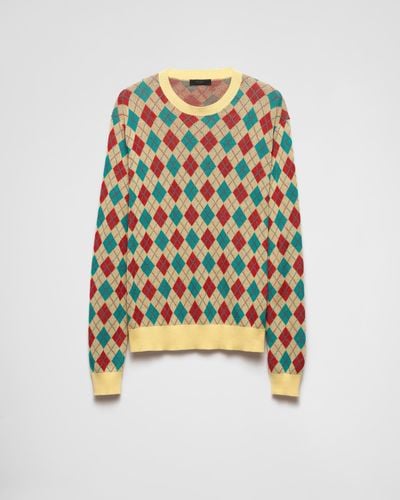 Prada Cotton Crew-Neck Sweater With Diamond Motif - Multicolor