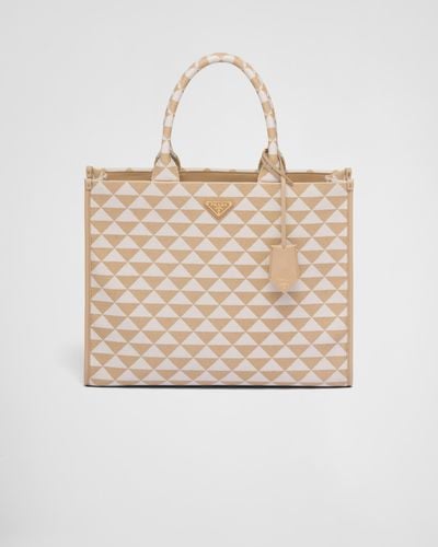 Prada Large Symbole Embroidered Fabric Handbag - Natural