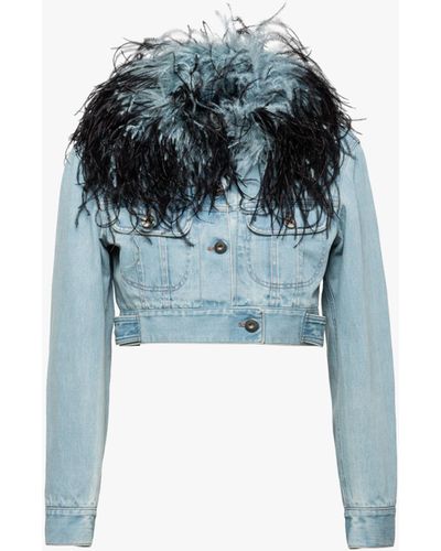 Prada Denim Jacket With Ostrich Feather Trim - Blue