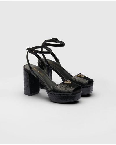 Prada Sequined Satin Platform Sandals - Black