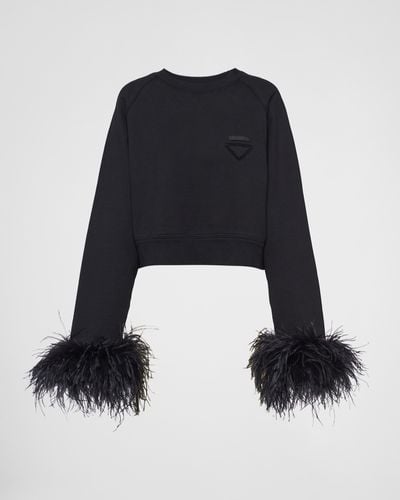 Prada Crew-neck Sweatshirt With Feather Trim - Black