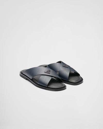 Prada Saffiano Leather Crisscross Sandals - Blue