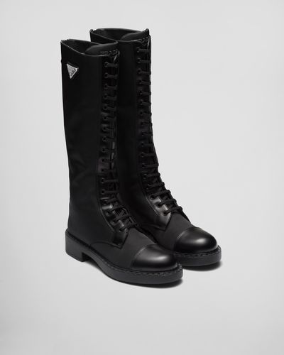 Prada Brushed Leather And Re-nylon Boots - Black
