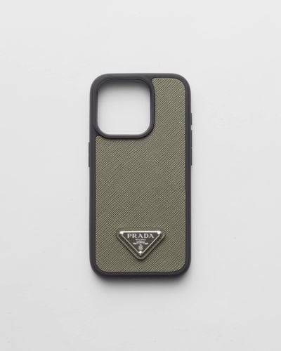 Prada Saffiano Leather Cover For Iphone 15 Pro - Gray