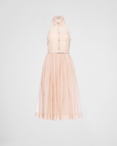 Prada Besticktes Kleid Aus Gestreiftem Organza - Pink