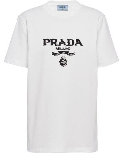 Prada Besticktes T-shirt Aus Interlock - Weiß