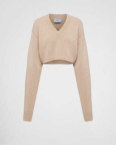 Prada Wool And Cashmere V-Neck Sweater - Natural