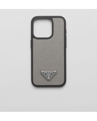 Prada Saffiano Leather Cover For Iphone 15 Pro - Grey