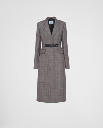 Prada Galles Wool Coat With Leather Belt - Gray