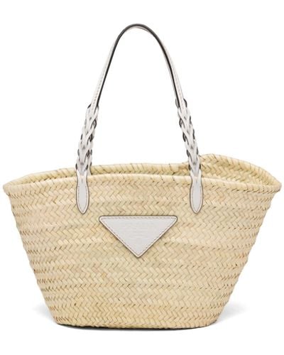 Prada Woven Palm And Leather Tote - White