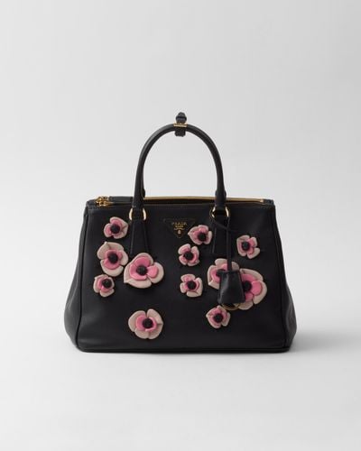 Prada Große Galleria Tasche Aus Leder Mit Blumenapplikationen - Schwarz