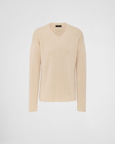 Prada Cashmere And Linen V-Neck Sweater - Natural