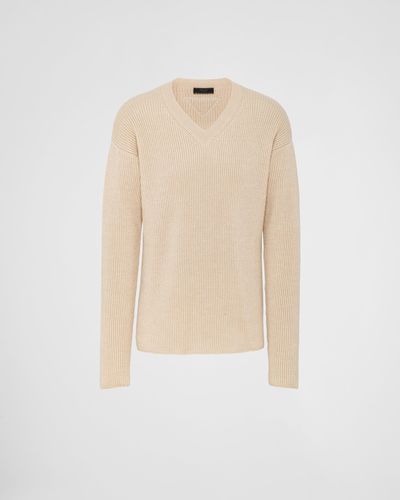 Prada Cashmere And Linen V-Neck Sweater - Natural