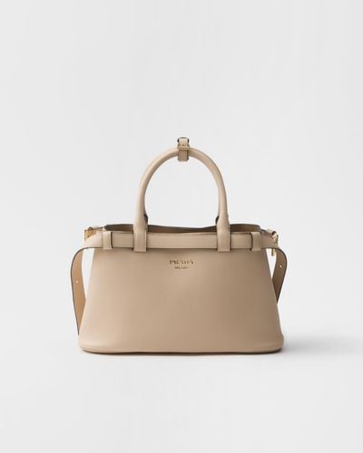 Prada Buckle Small Leather Handbag With Double Belt - Natural
