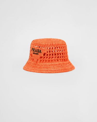 Prada Woven Fabric Bucket Hat - Orange