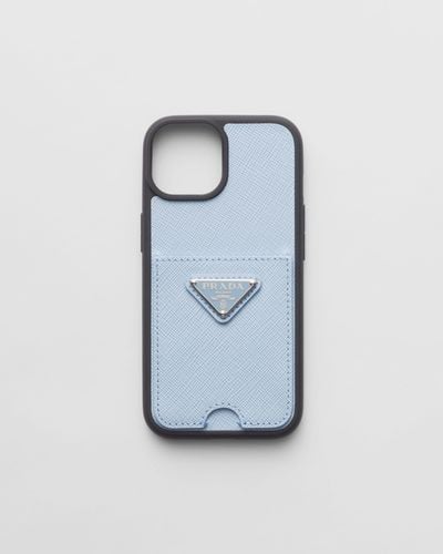 Prada Saffiano Leather Cover For Iphone 15 - Blue