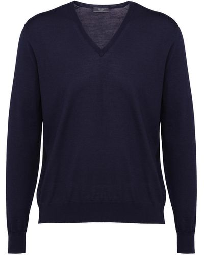Prada Worsted Wool V-Neck Sweater - Blau