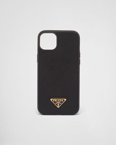 Prada Saffiano Leather Cover For Iphone 14 Plus - Black