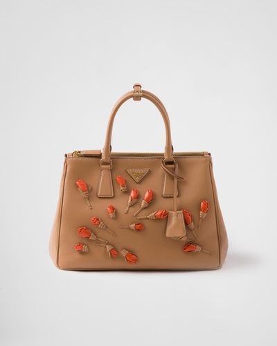 Prada Large Galleria Leather Bag With Floral Appliqués - Brown