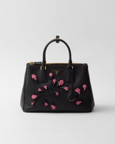 Prada Large Galleria Leather Bag With Floral Appliqués - Black