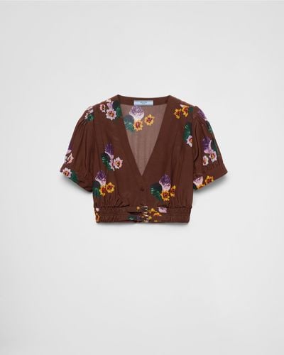Prada Cropped Printed Pongé Shirt - Brown