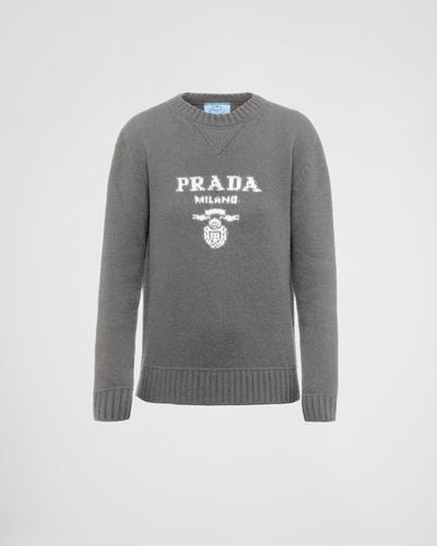 Prada Cashmere And Wool Logo Crew-neck Jumper - Grey