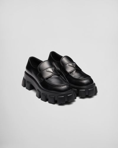 Prada Monolith Brushed Leather Loafers - Black