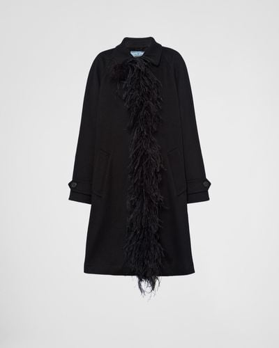 Prada Single-breasted Cashmere Coat With Feathers - Black