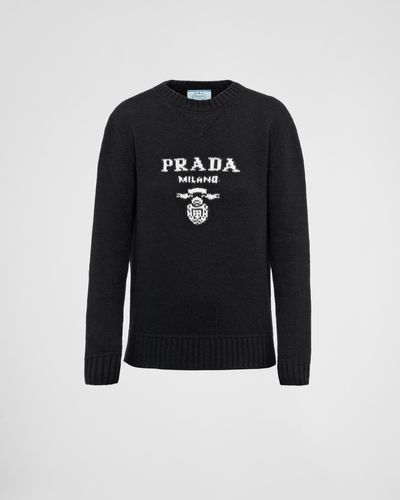 Prada Cashmere And Wool Logo Crew-neck Sweater - Black