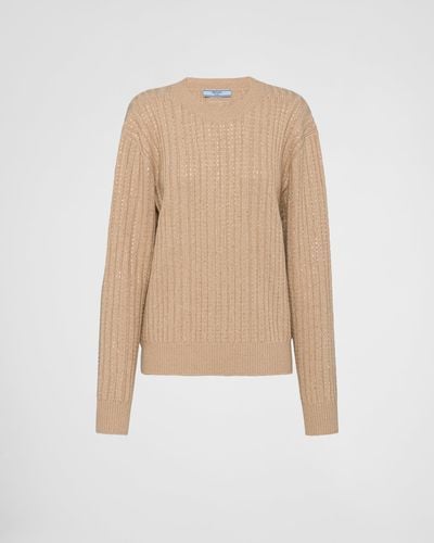 Prada Wool And Cashmere Crew-Neck Sweater With Rhinestones - Natural