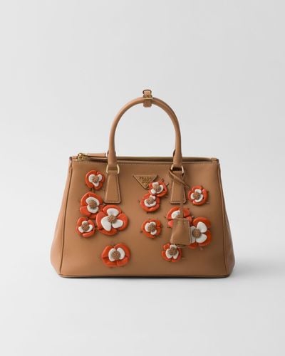 Prada Large Galleria Leather Bag With Floral Appliqués - Brown