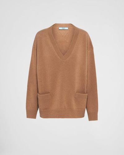 Prada V-neck Cashmere Sweater - Brown
