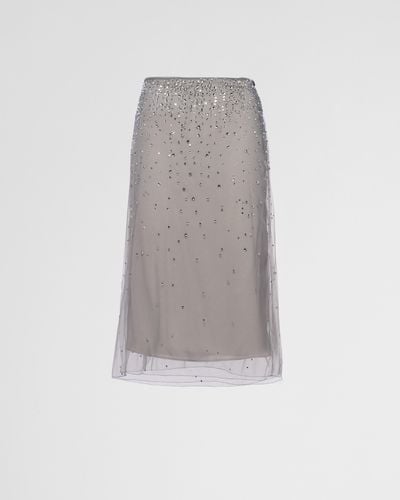 Prada Crystal-studded Tulle Midi-skirt - Gray