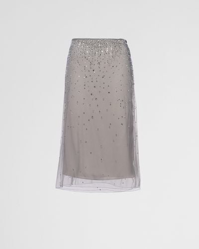 Prada Jupe Midi En Tulle À Strass - Gris