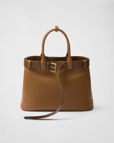 Prada Buckle Large Leather Handbag With Belt - Brown