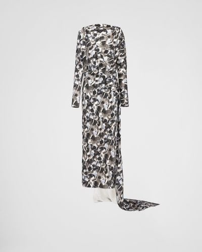 Prada Langes Kleid Aus Bedrucktem Satin - Weiß