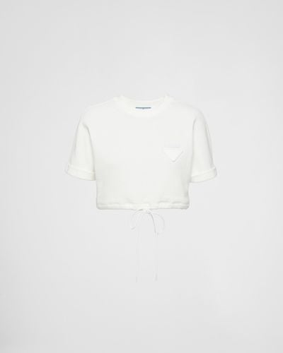 Prada Cropped Cotton Fleece T-Shirt - White