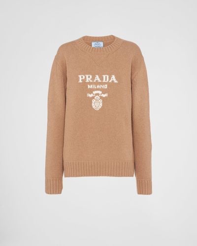 Prada Cashmere And Wool Logo Crew-Neck Sweater - Natural