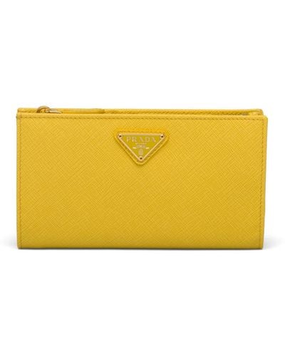 Prada Saffiano Logo Plaque Wallet - Yellow