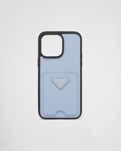 Prada Coque Pour Iphone 14 Pro Max En Cuir Saffiano - Bleu