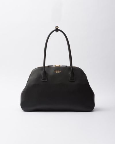 Prada Medium Leather Tote Bag With Zipper Closure - Black