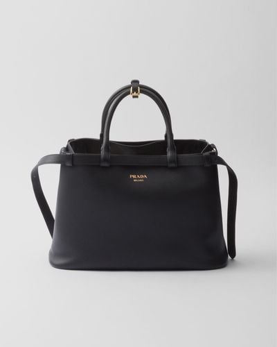 Prada Buckle Medium Leather Handbag With Double Belt - Black