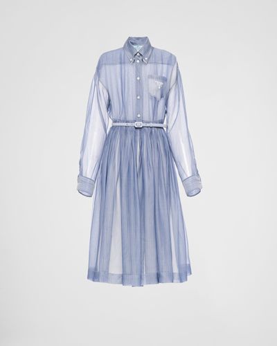 Prada Embroidered Striped Organza Dress - Blue