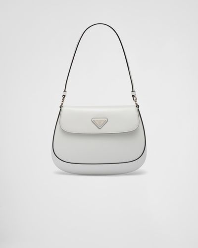 Prada Cleo Brushed Leather Shoulder Bag With Flap - White
