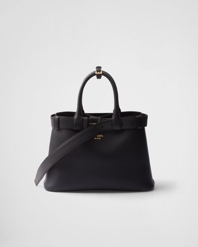 Prada Buckle Medium Leather Handbag With Belt - Black